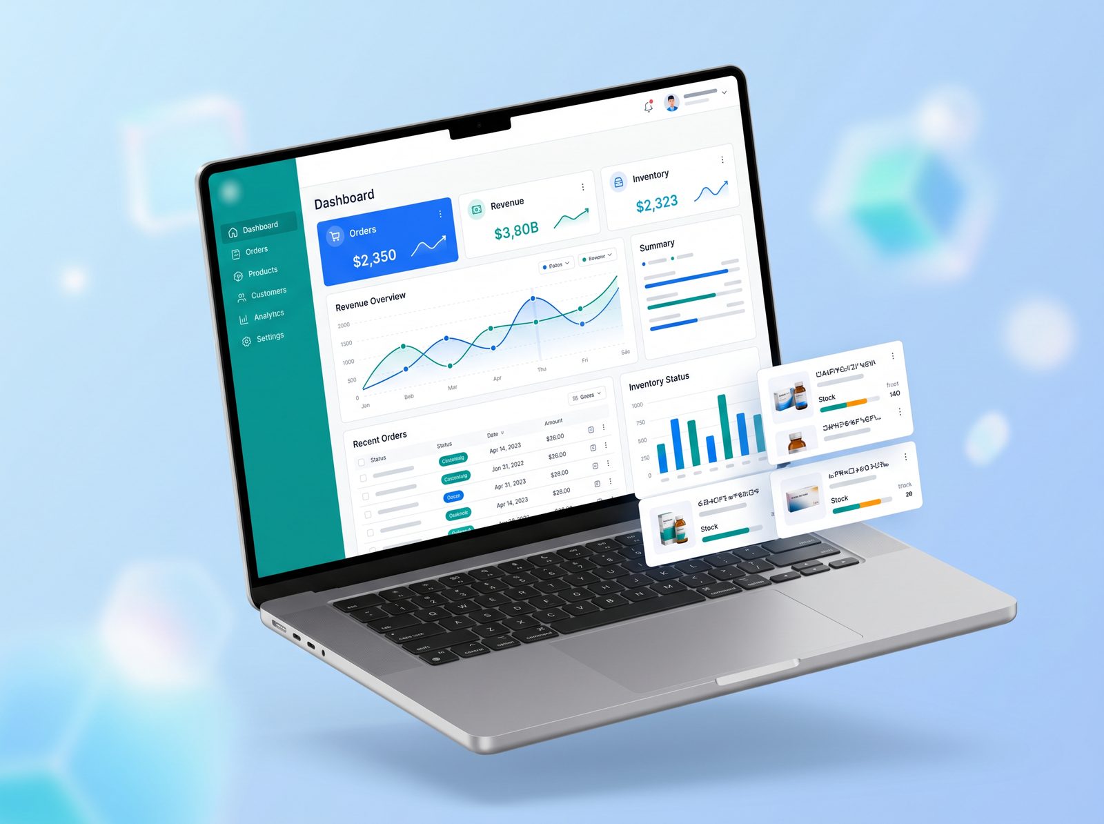 Stemo admin dashboard showing orders, revenue charts, and inventory status