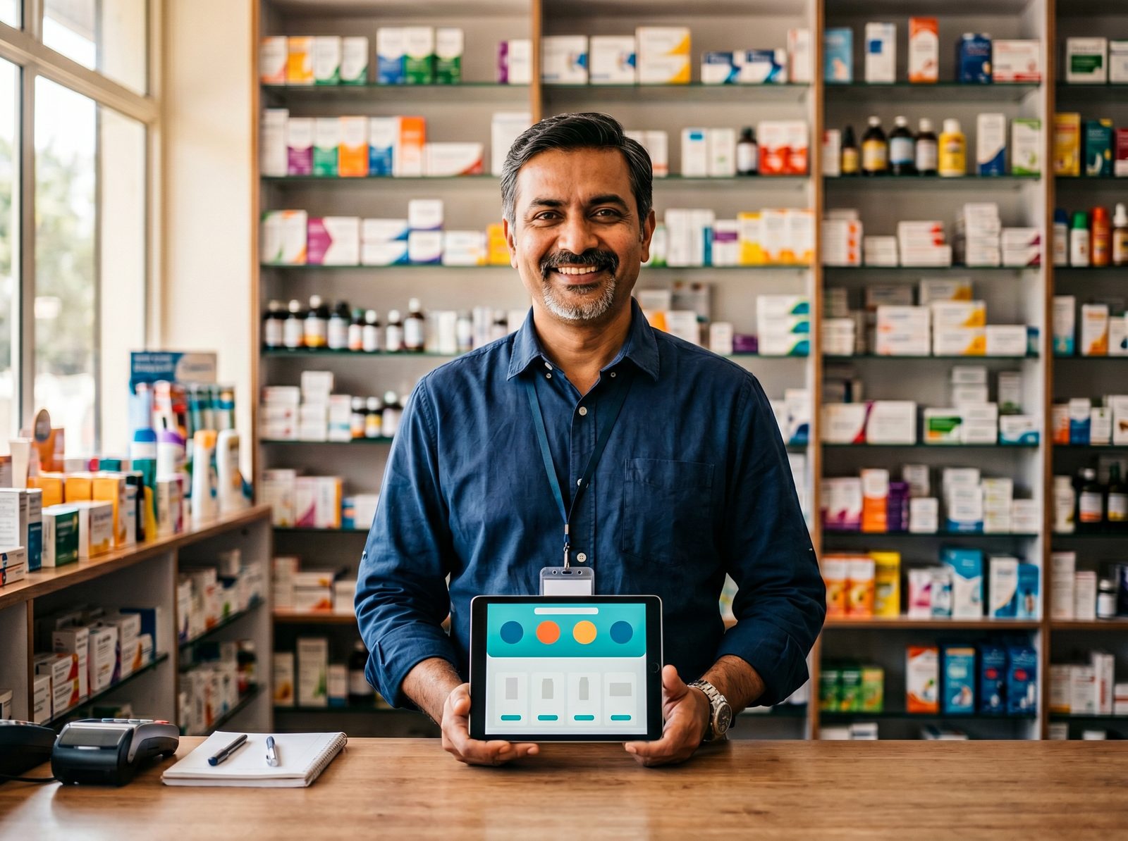 Indian pharmacy owner holding a tablet showing the Stemo ordering dashboard