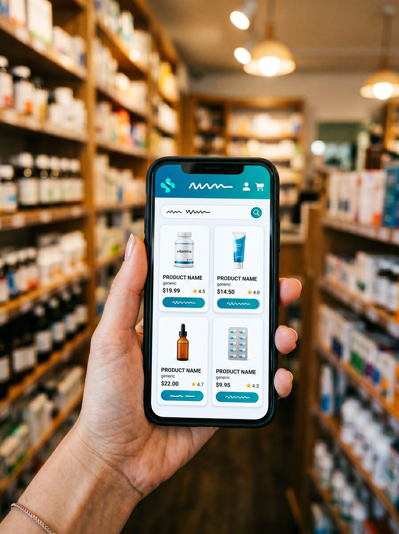 Stemo pharmacy app shown on a smartphone